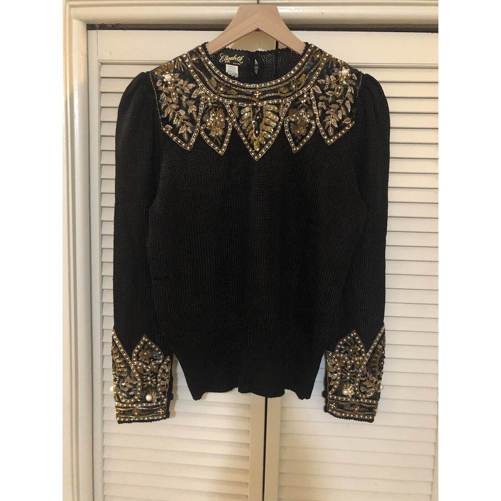 Vintage 80's Elizabeth New York Sequin Beaded Sweater Black Gold